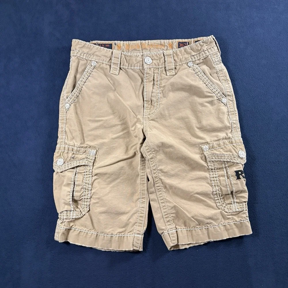 Rock Revival Men Classic Cargo Shorts 30 Khaki Thick Stitch Y2K RR Grunge Skater